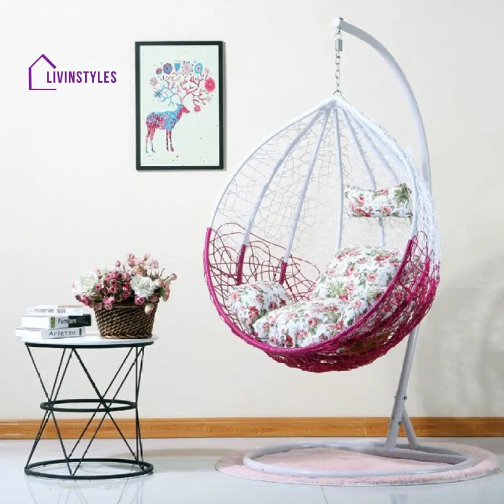 Radha Single Seater Hanging Swing With Stand For Balcony | Garden (White) Pink Swings