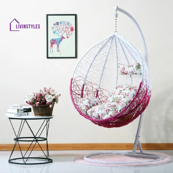Radha Single Seater Hanging Swing With Stand For Balcony | Garden (White) Pink Swings
