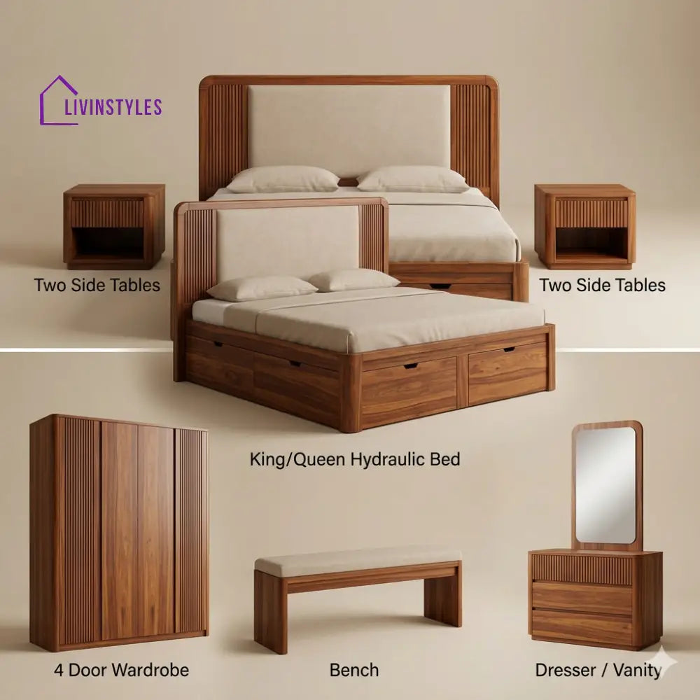 Radhika Solid Sheesham Wood Bedroom Set with Bed Bedside Tables Bench Wardrobe & Dresser