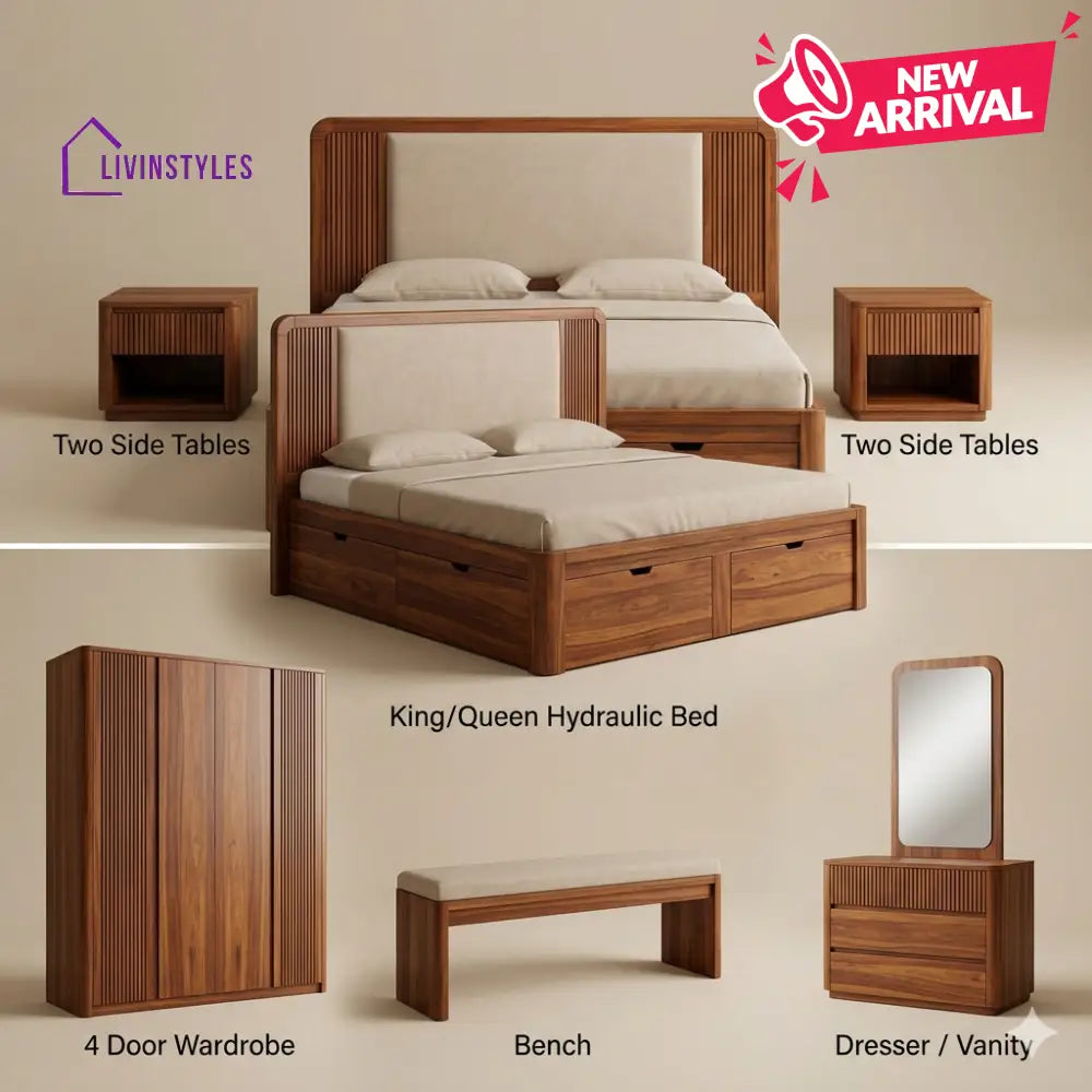 Radhika Solid Sheesham Wood Bedroom Set with Bed Bedside Tables Bench Wardrobe & Dresser