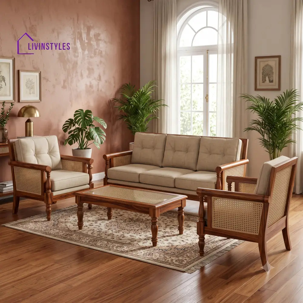 Radhika Wooden Sofa Set | 3 + 1 + 1 Sheesham Wood Sofa Set for Living Room