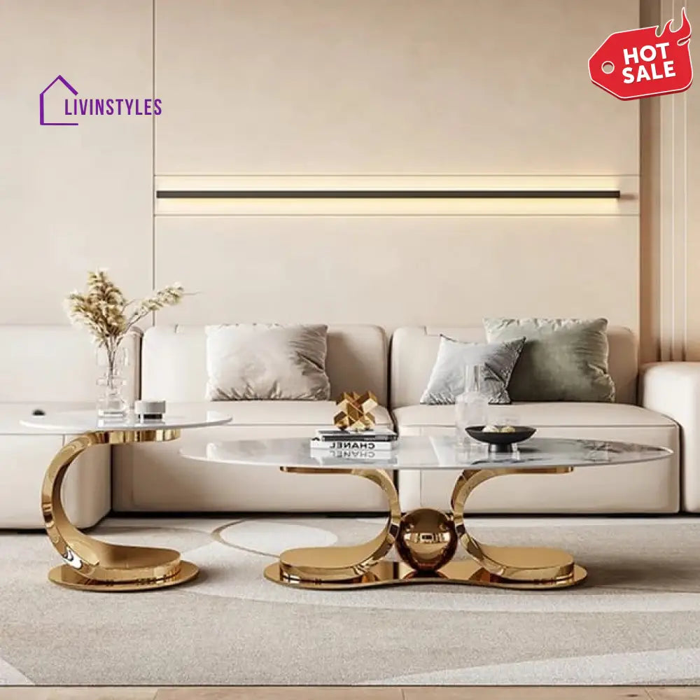 Radiant Marble Top Stainless Steel With Pvd Coated Coffee Table Set Tables