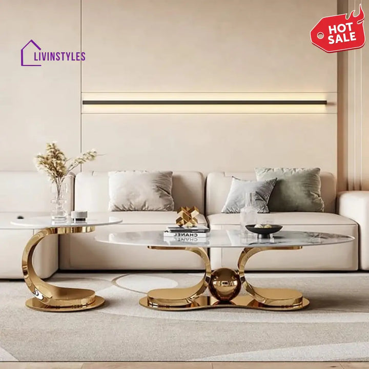 Radiant Marble Top Stainless Steel With Pvd Coated Coffee Table Set Tables