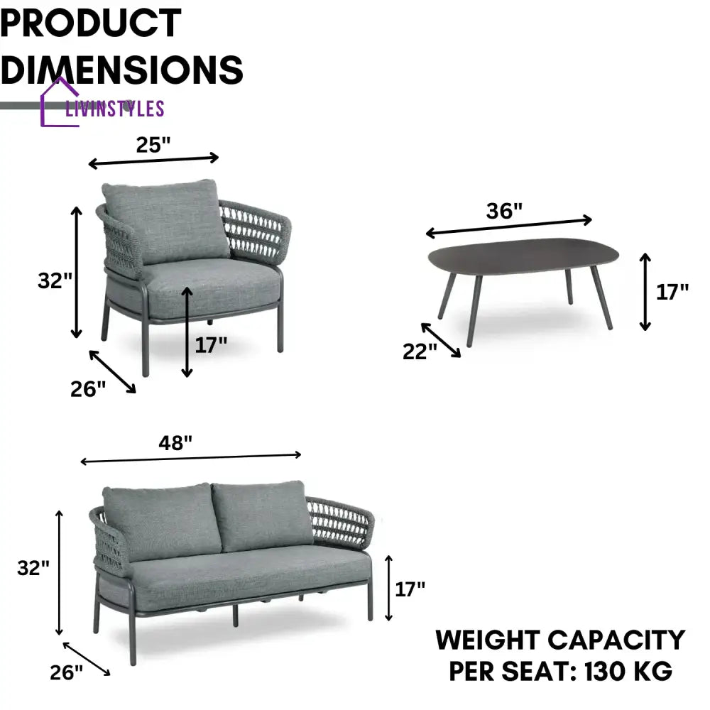 Raelynn Outdoor Rope 4-Piece Patio Sofa Set with Glass Top Table (Grey) - Sofa Set