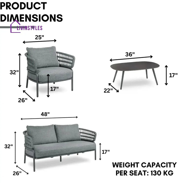 Raelynn Outdoor Rope 4-Piece Patio Sofa Set with Glass Top Table (Grey) - Sofa Set