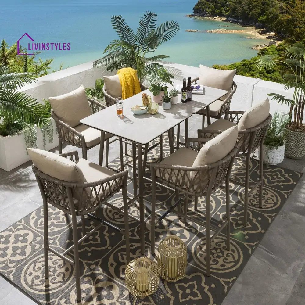 Rafaela Outdoor Patio Bar Set 6 Chairs and 1 Table Set Braided & Rope - Beige - Bar Sets