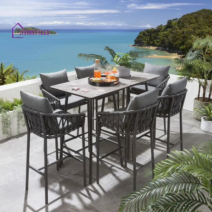 Rafaela Outdoor Patio Bar Set 6 Chairs and 1 Table Set Braided & Rope - Grey - Bar Sets