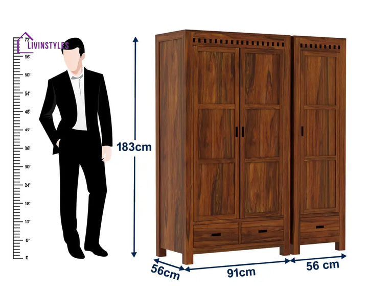 Rafaela Solid Sheesham Wood Dual Wardrobe/Almirah Wardrobe
