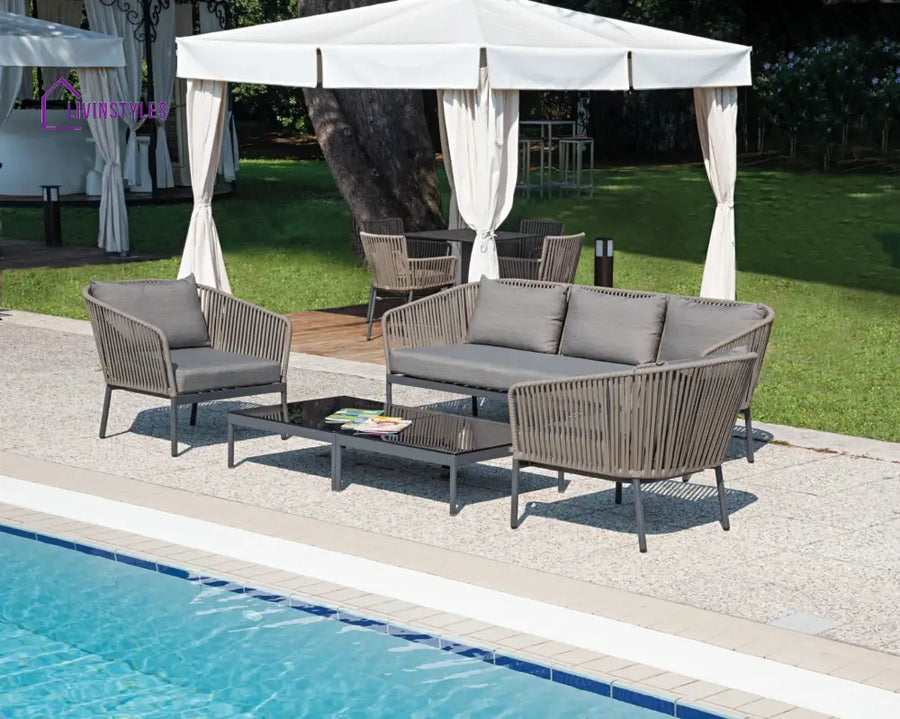 Rafail Outdoor Garden Balcony Sofa Set 3 Seater 2 Single Seater 2 Center Table Set Braid & Rope (Dark Grey) - Sofa Sets