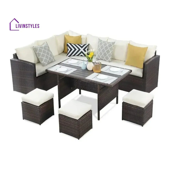 Raffaella 6-Pieces L-Shape Patio Rattan Dining Set - Sofa Set