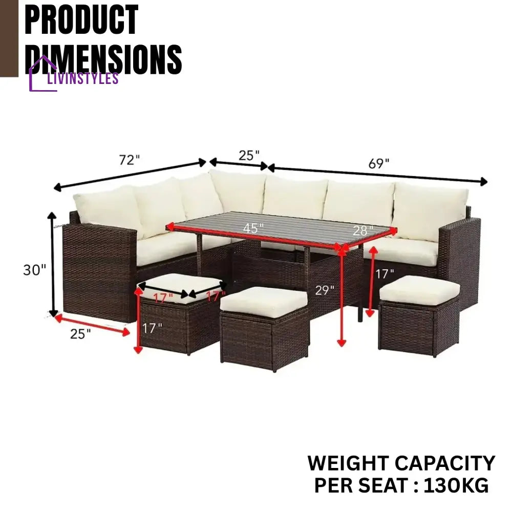Raffaella 6-Pieces L-Shape Patio Rattan Dining Set - Sofa Set