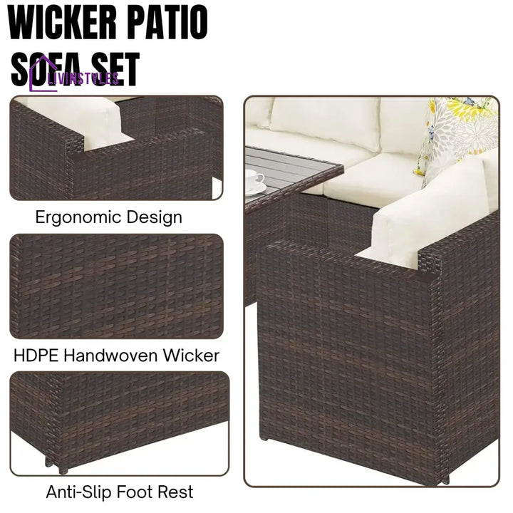 Raffaella 6-Pieces L-Shape Patio Rattan Dining Set - Sofa Set