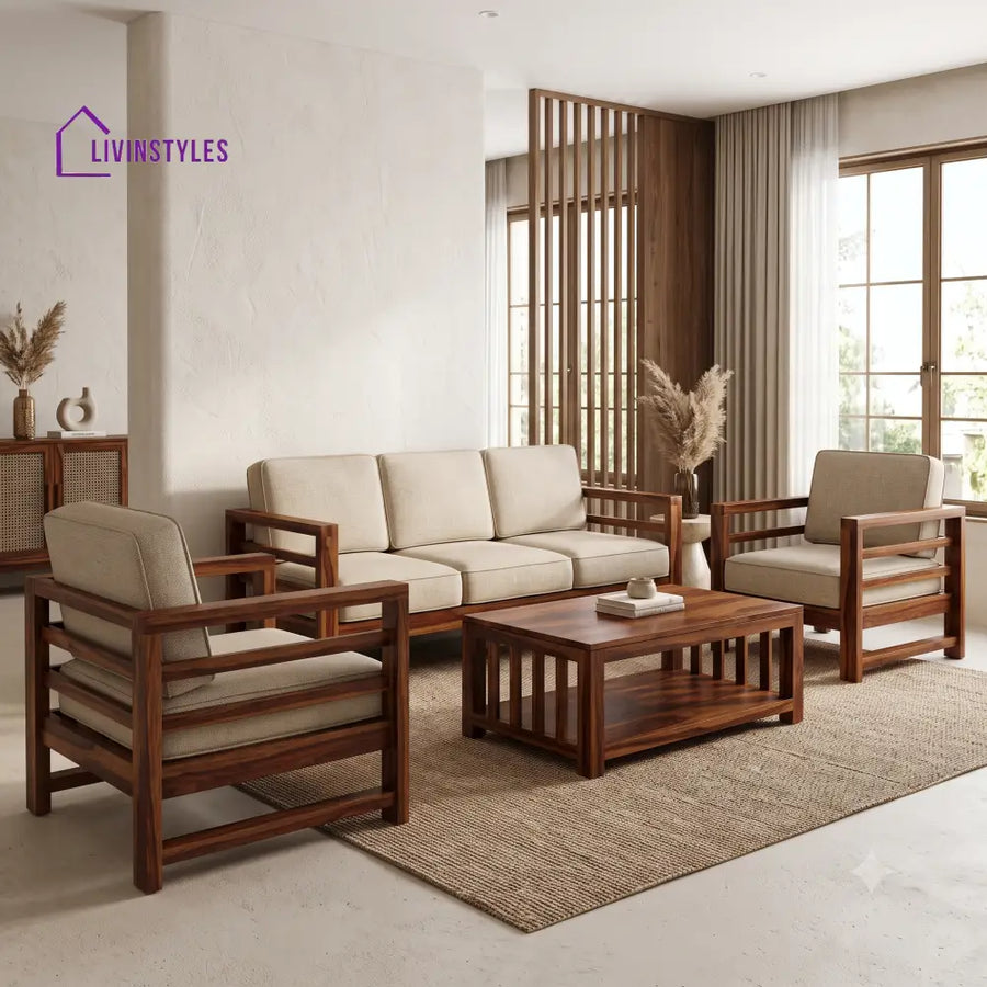 Ragavi Wooden Sofa Set | 3 + 1 + 1 Sheesham Wood Sofa Set for Living Room