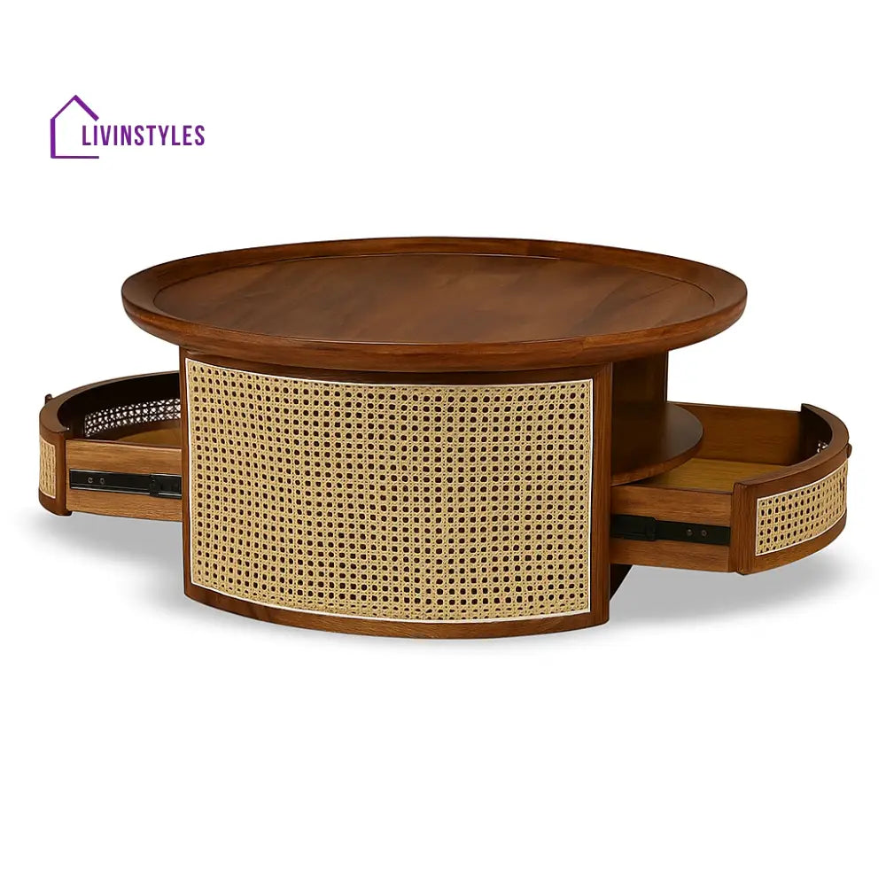 Raghav Solid Sheesham Wood Round Coffee Table with Cane Webbing & Hidden Storage Drawers for Living Room (Honey Finish)