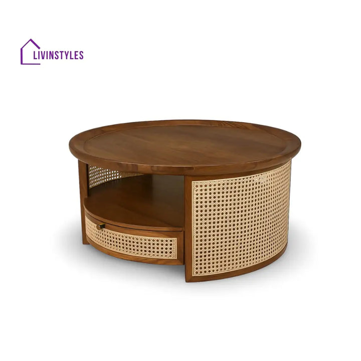 Raghav Solid Sheesham Wood Round Coffee Table with Cane Webbing & Hidden Storage Drawers for Living Room (Honey Finish)