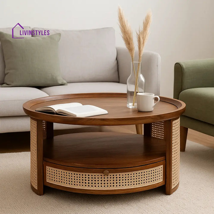 Raghav Solid Sheesham Wood Round Coffee Table with Cane Webbing & Hidden Storage Drawers for Living Room (Honey Finish)