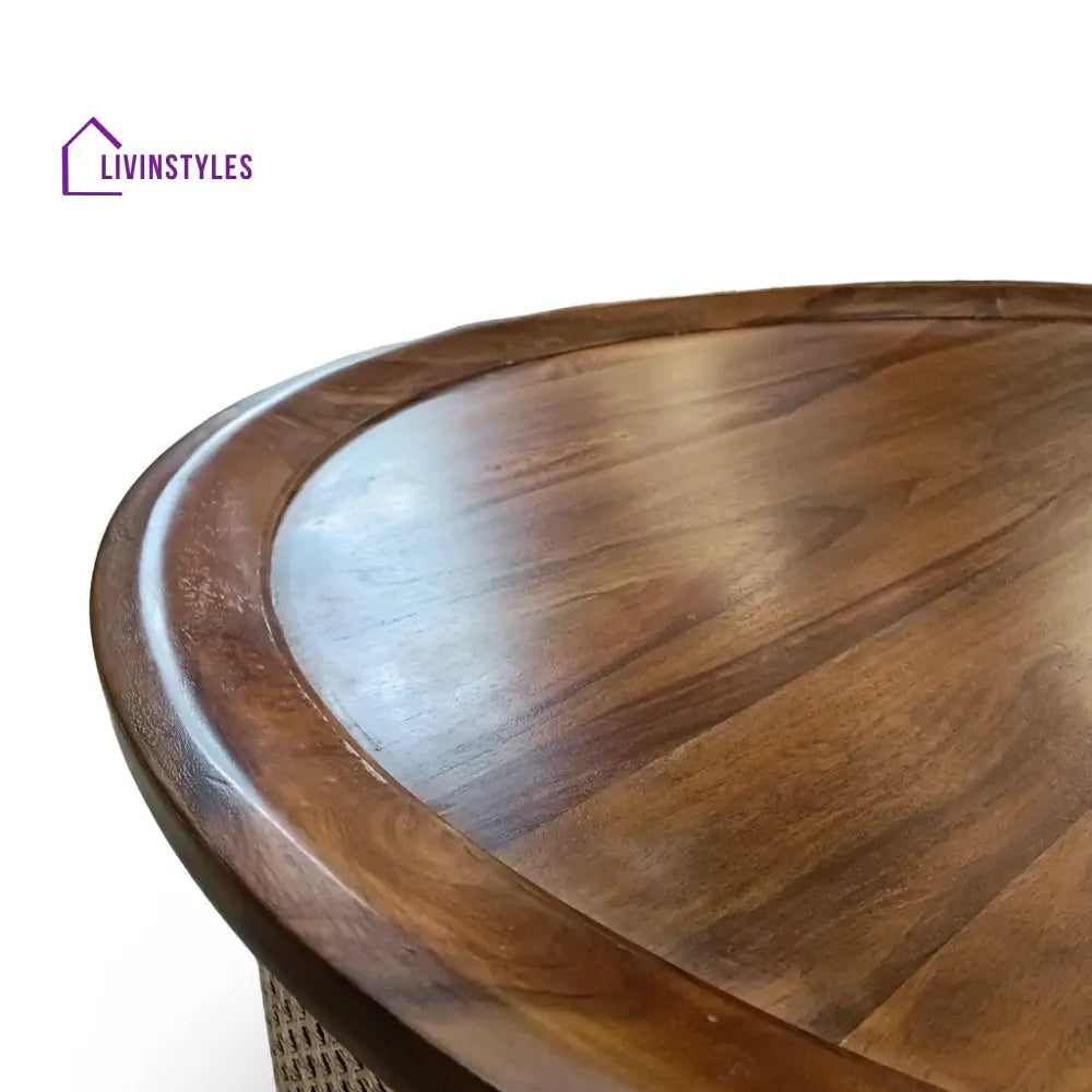 Raghav Solid Sheesham Wood Round Coffee Table with Cane Webbing & Hidden Storage Drawers for Living Room (Honey Finish)