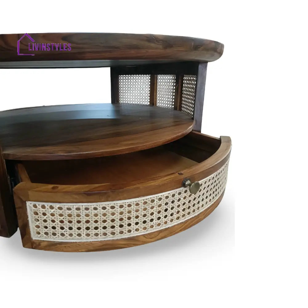Raghav Solid Sheesham Wood Round Coffee Table with Cane Webbing & Hidden Storage Drawers for Living Room (Honey Finish)