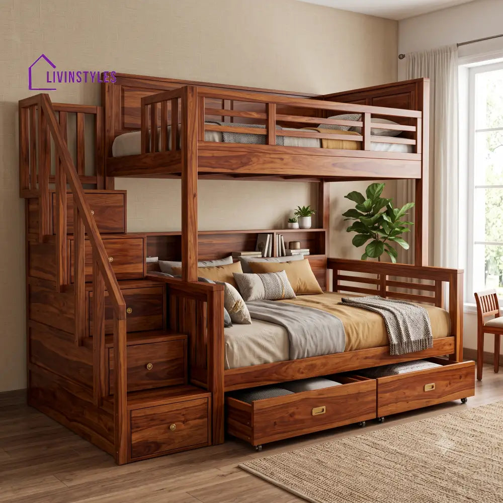 Rahul Sheesham Wood Bunk Bed With Storage | Kids Bed