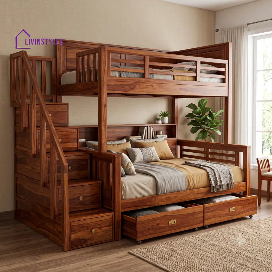 Rahul Sheesham Wood Bunk Bed With Storage | Kids Bed