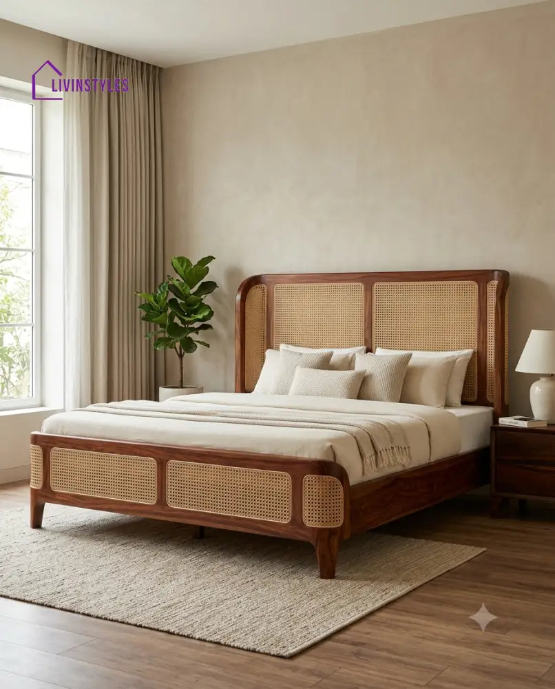 Rahul Wooden Bed with Cane Weaving Headboard Design | Bed without Storage