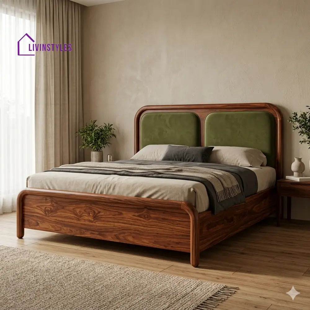 Raisa Premium Sheesham Wood Bed with Velvet Headboard