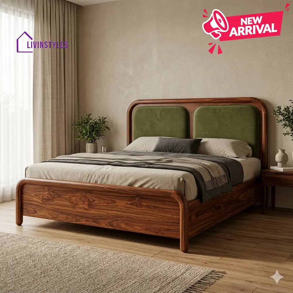 Raisa Premium Sheesham Wood Bed with Velvet Headboard