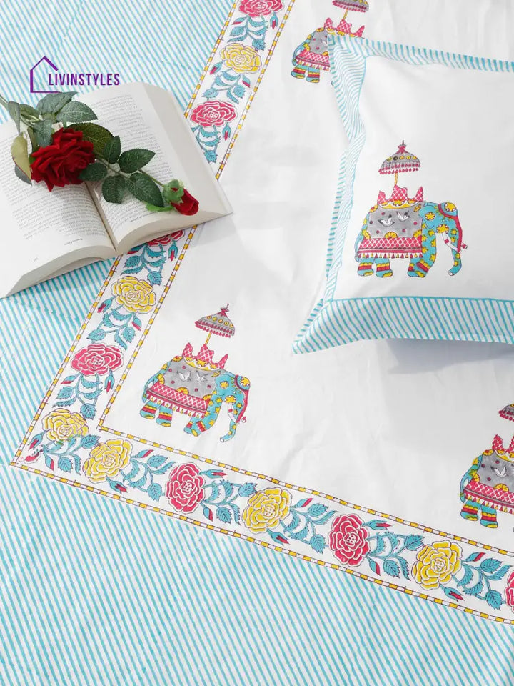 Rajasthan Decor 240 Tc Percale Cotton Hand Block King Bedsheet With 2 Pillow Covers Bed Sheet