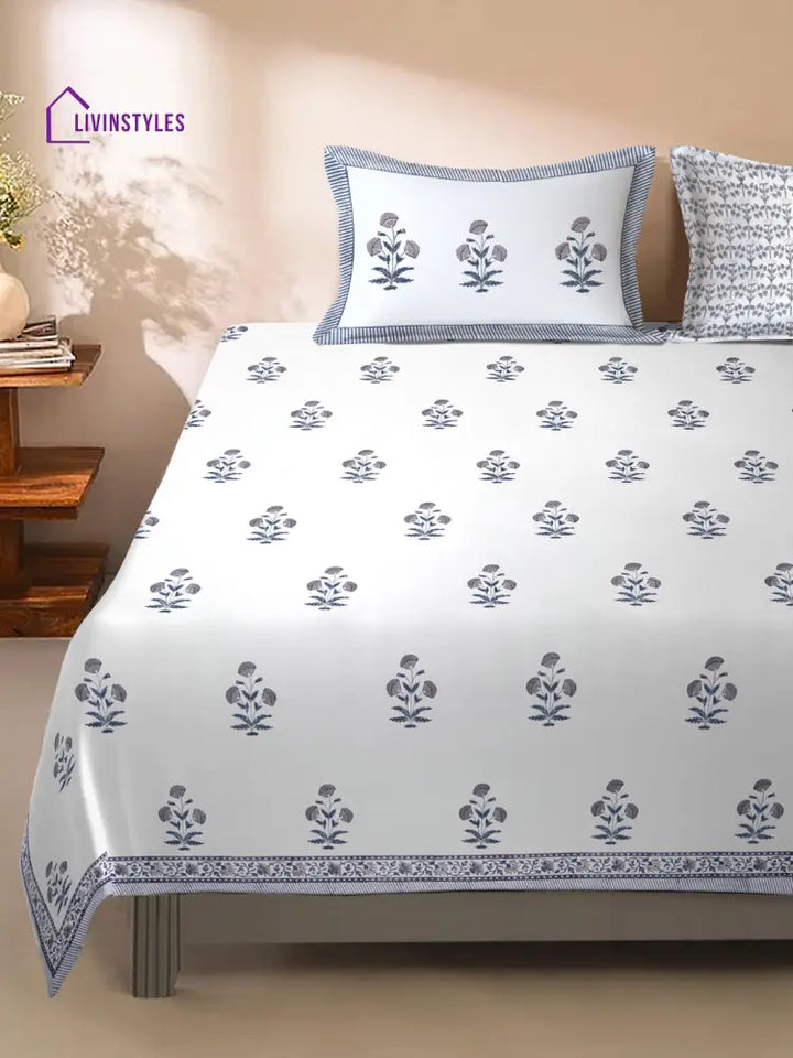 Rajasthan Decor 240 Tc Percale Cotton Hand Block King Bedsheet With 2 Pillow Covers Bed Sheet