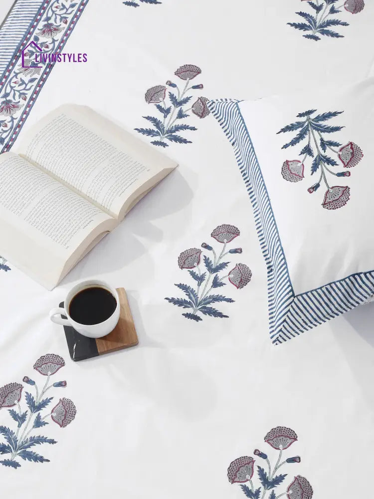 Rajasthan Decor 240 Tc Percale Cotton Hand Block King Bedsheet With 2 Pillow Covers Bed Sheet