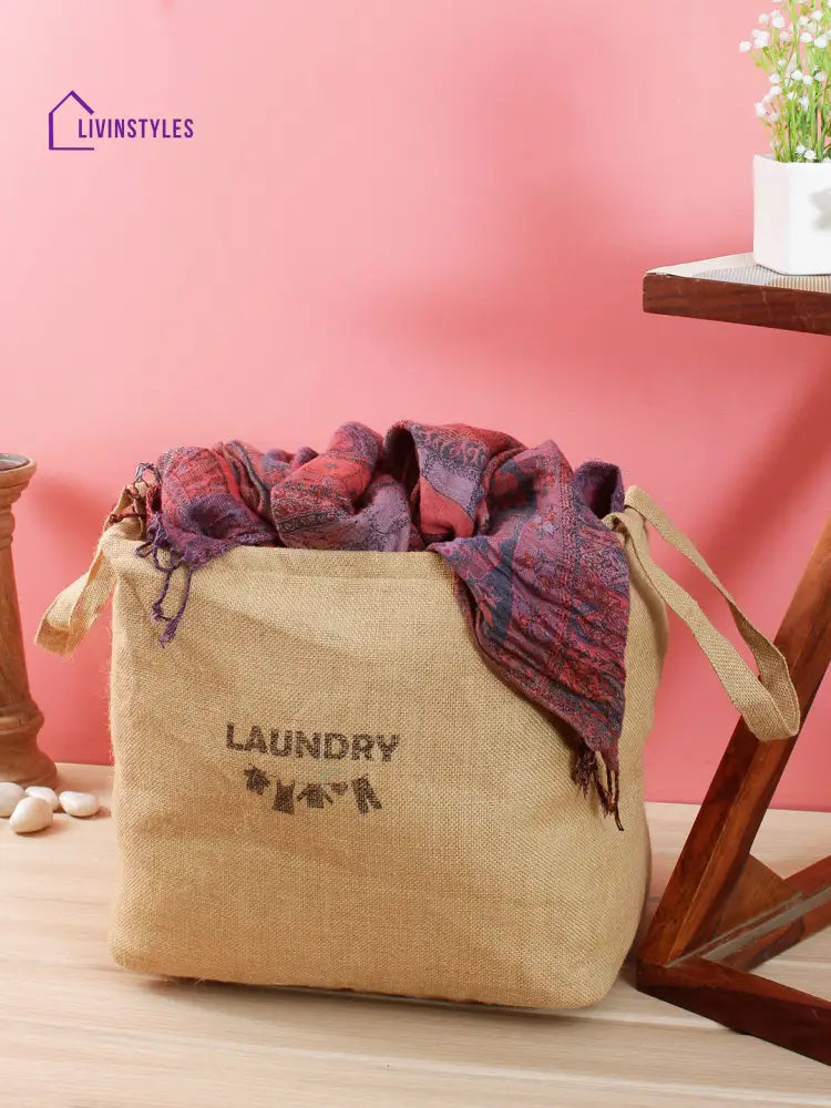 Rajasthan Décor Beige Color Jute Fabric Laundry Bag