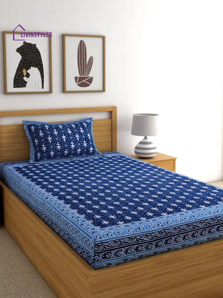 Rajasthan Decor Block Print Blue Color Cotton Single Bedsheet With 1 Pillow Cover