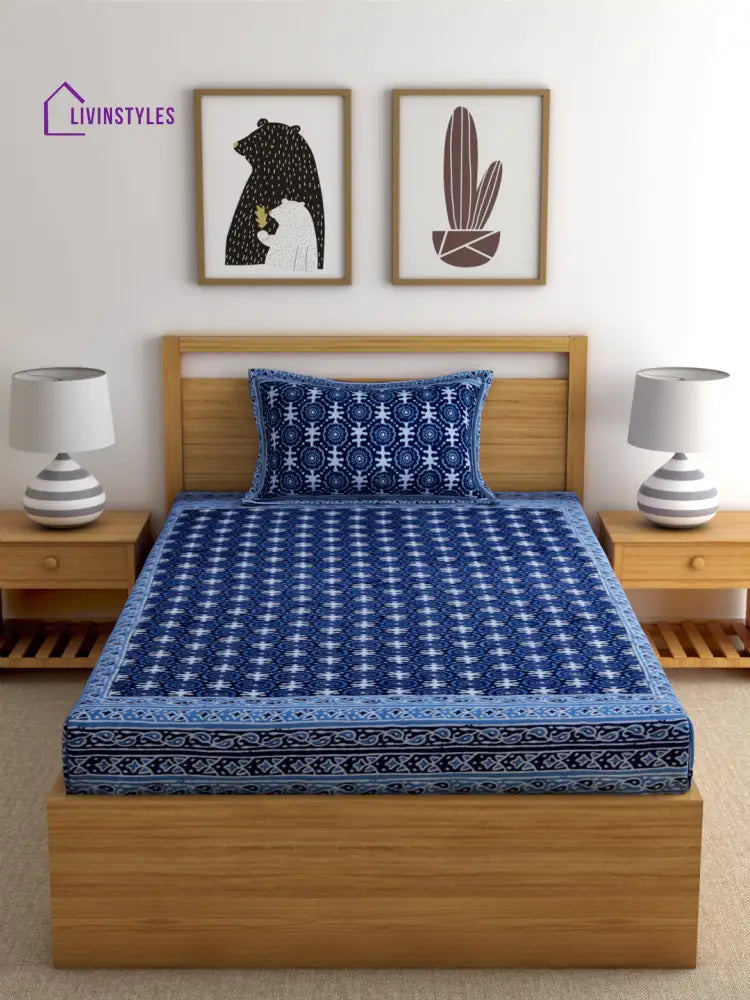 Rajasthan Decor Block Print Blue Color Cotton Single Bedsheet With 1 Pillow Cover