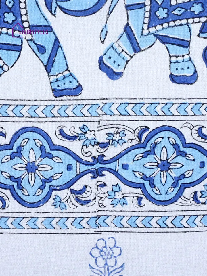 Rajasthan Décor Hand Block Animal Pattern White And Sky Blue Cotton Cushion Cover Set Of 2 (12X12