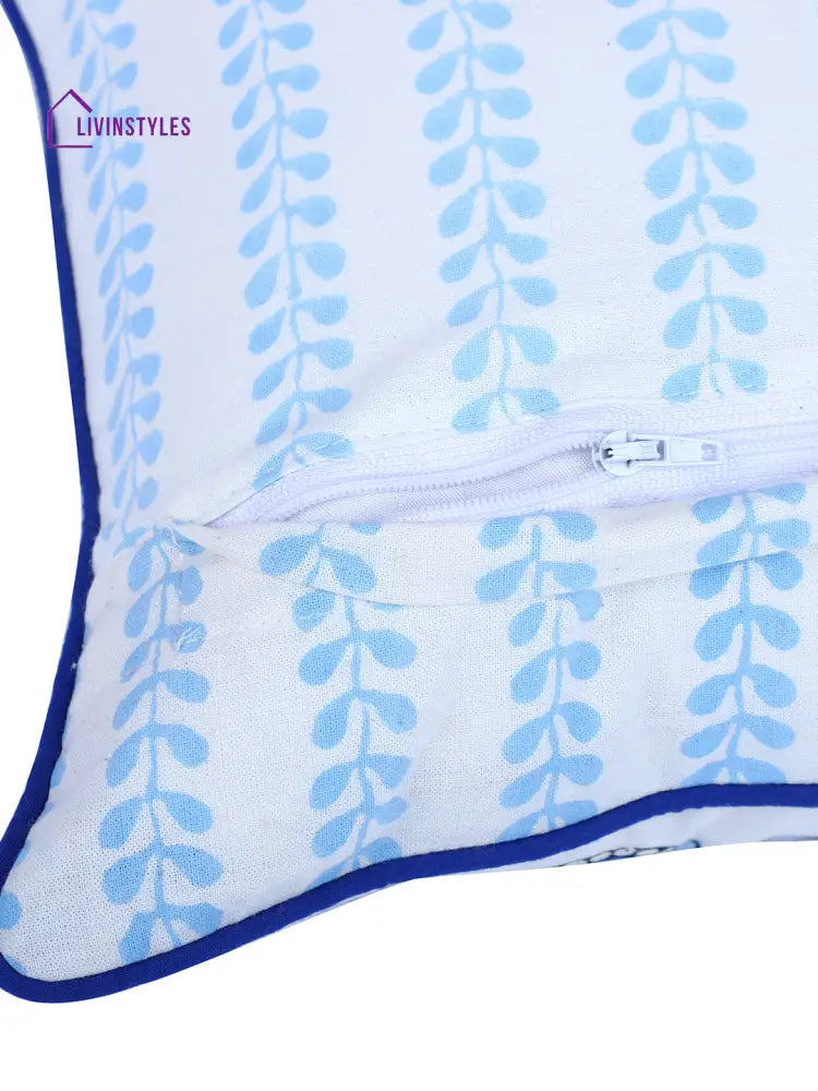 Rajasthan Décor Hand Block Animal Pattern White And Sky Blue Cotton Cushion Cover Set Of 2 (12X12