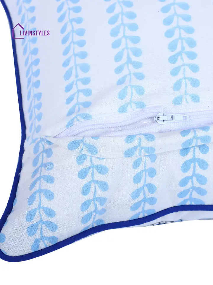 Rajasthan Décor Hand Block Animal Pattern White And Sky Blue Cotton Cushion Cover Set Of 2 (12X12