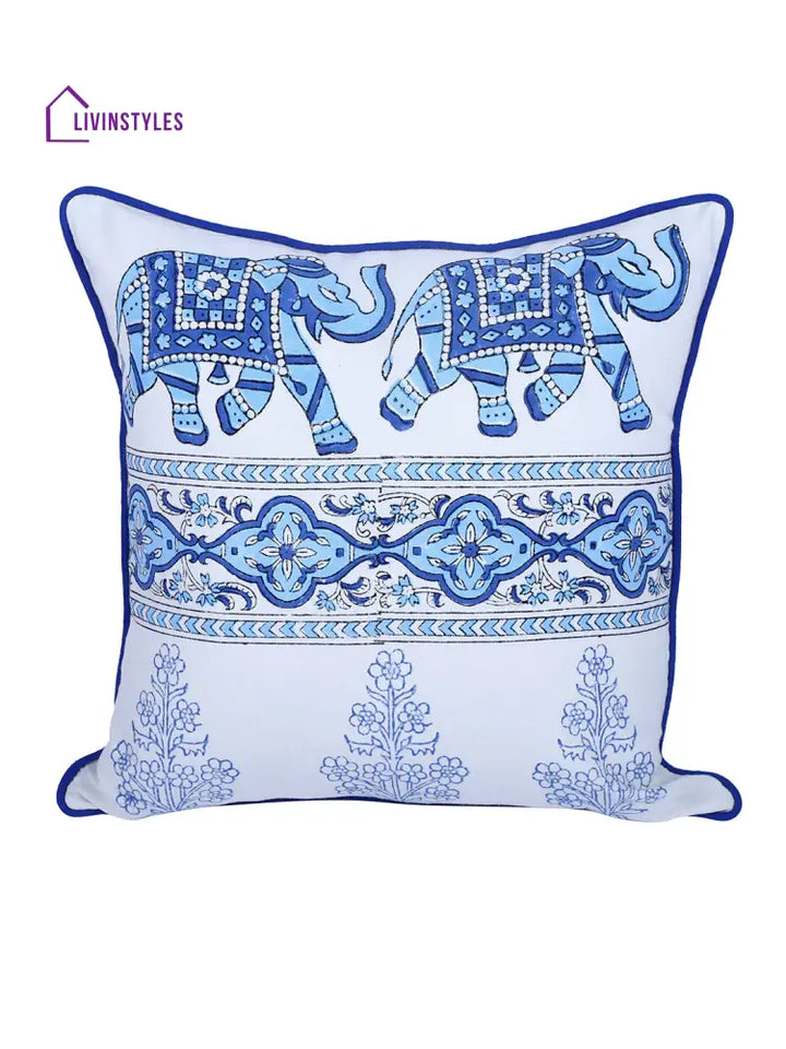 Rajasthan Décor Hand Block Animal Pattern White And Sky Blue Cotton Cushion Cover Set Of 2 (12X12