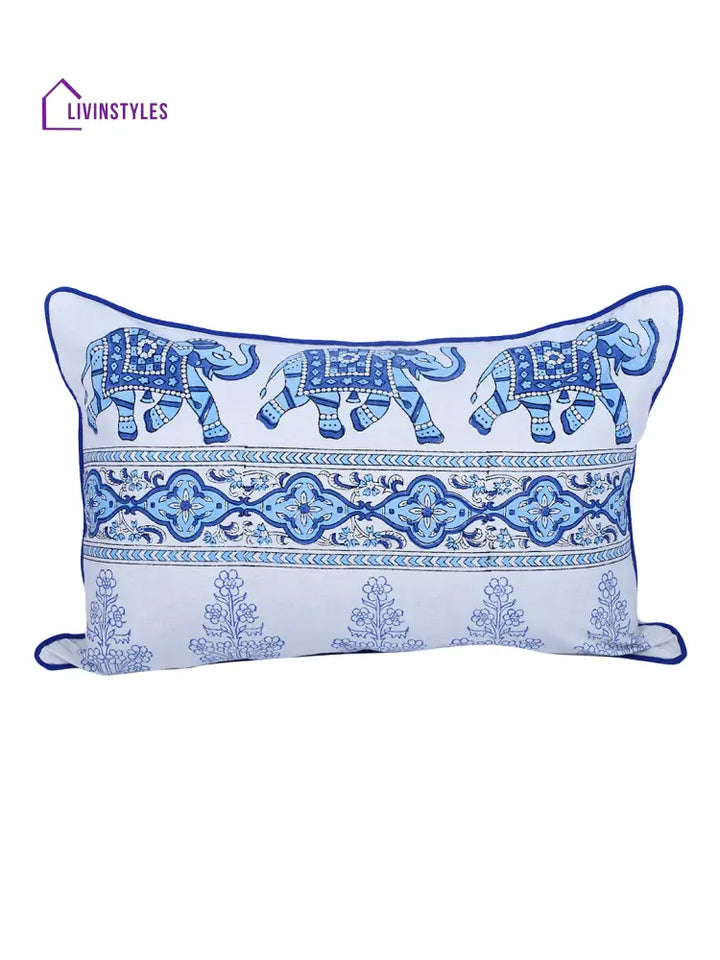Rajasthan Décor Hand Block Animal Pattern White And Sky Blue Cotton Cushion Cover Set Of 2 (12X18