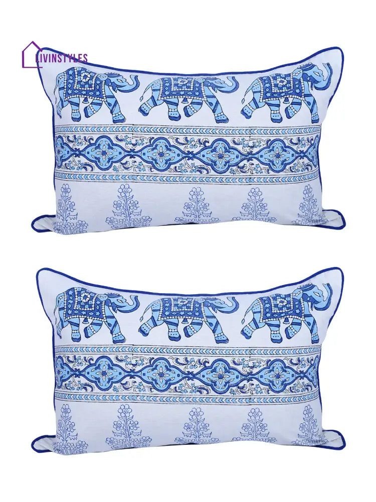 Rajasthan Décor Hand Block Animal Pattern White And Sky Blue Cotton Cushion Cover Set Of 2 (12X18