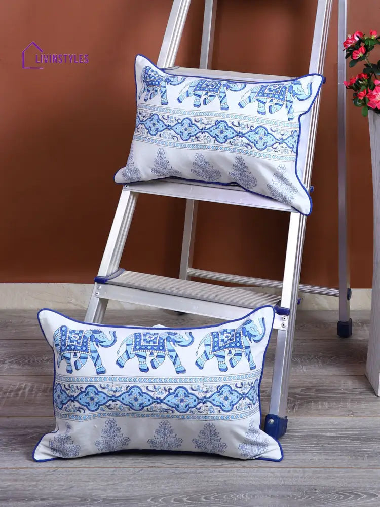 Rajasthan Décor Hand Block Animal Pattern White And Sky Blue Cotton Cushion Cover Set Of 2 (12X18