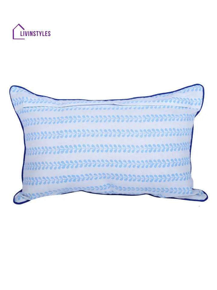 Rajasthan Décor Hand Block Animal Pattern White And Sky Blue Cotton Cushion Cover Set Of 2 (12X18