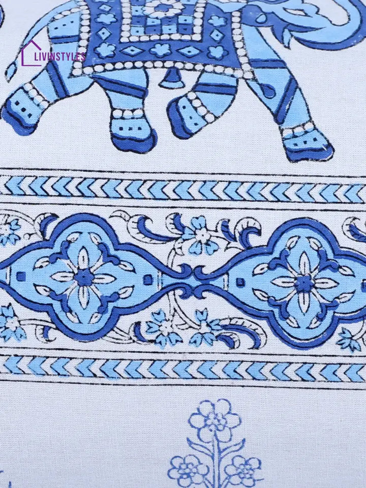 Rajasthan Décor Hand Block Animal Pattern White And Sky Blue Cotton Cushion Cover Set Of 2 (12X18