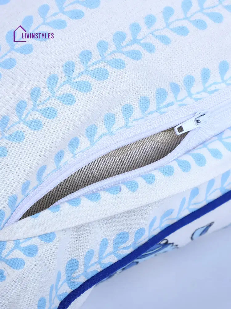 Rajasthan Décor Hand Block Animal Pattern White And Sky Blue Cotton Cushion Cover Set Of 2 (12X18