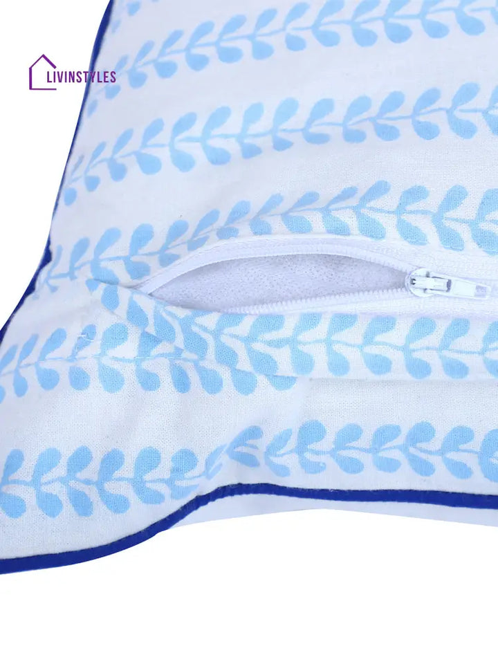 Rajasthan Décor Hand Block Animal Pattern White And Sky Blue Cotton Cushion Cover Set Of 2 (16X16