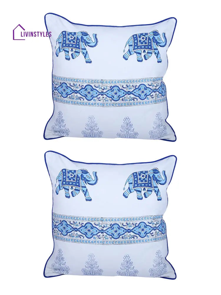 Rajasthan Décor Hand Block Animal Pattern White And Sky Blue Cotton Cushion Cover Set Of 2 (16X16