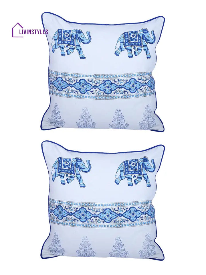 Rajasthan Décor Hand Block Animal Pattern White And Sky Blue Cotton Cushion Cover Set Of 2 (16X16