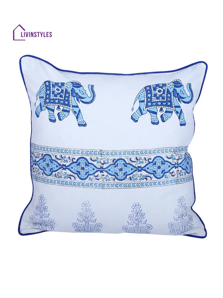 Rajasthan Décor Hand Block Animal Pattern White And Sky Blue Cotton Cushion Cover Set Of 2 (16X16