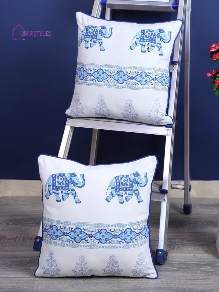 Rajasthan Décor Hand Block Animal Pattern White And Sky Blue Cotton Cushion Cover Set Of 2 (16X16
