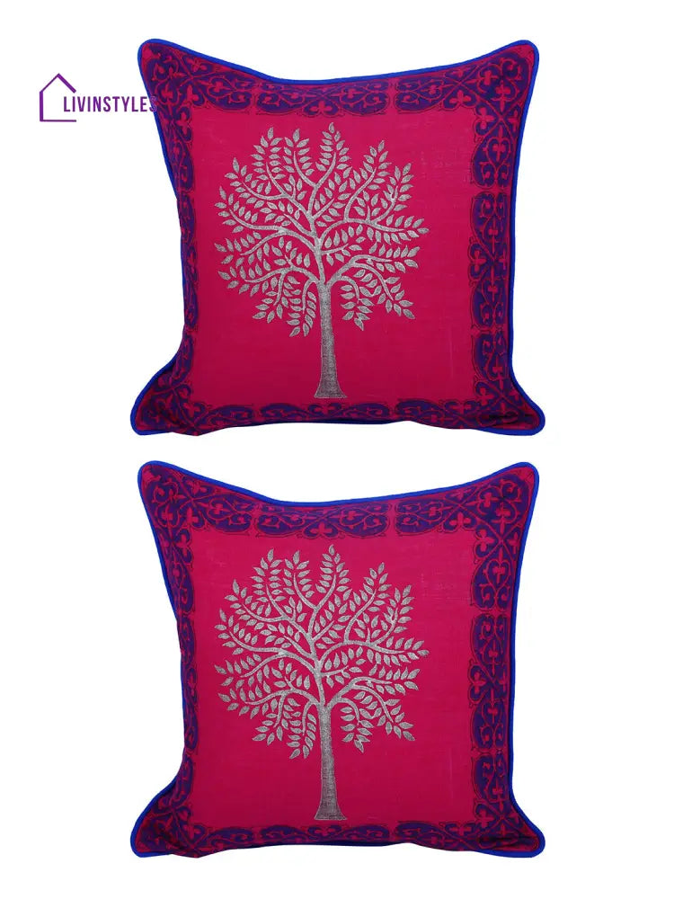 Rajasthan Décor Hand Block Floral Pink Color Cotton Cushion Cover Set Of 2 (12X12 Inches)