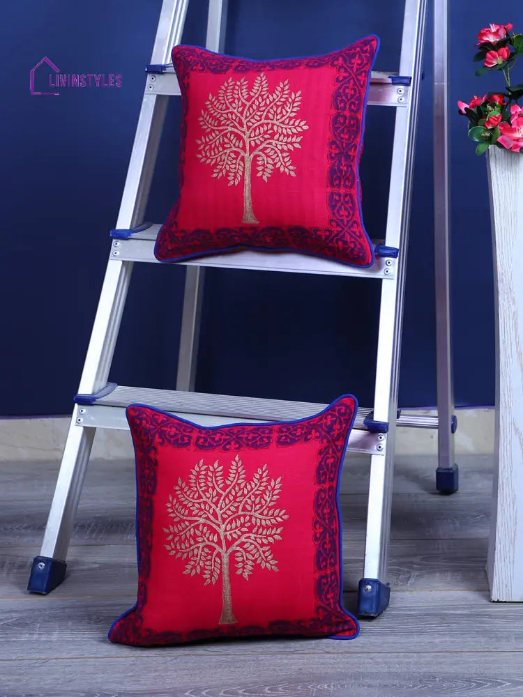 Rajasthan Décor Hand Block Floral Pink Color Cotton Cushion Cover Set Of 2 (12X12 Inches)